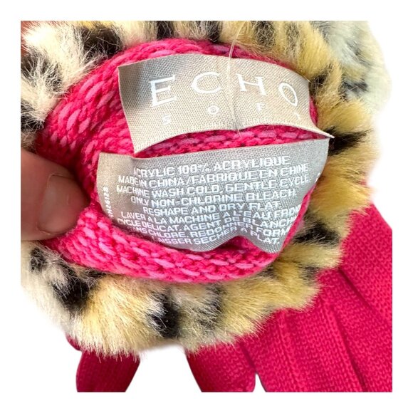 Vintage Echo Soft Pink Knit Scarf Gloves Set Faux Leopard Fur Trim Gift Box NEW - Picture 3 of 6
